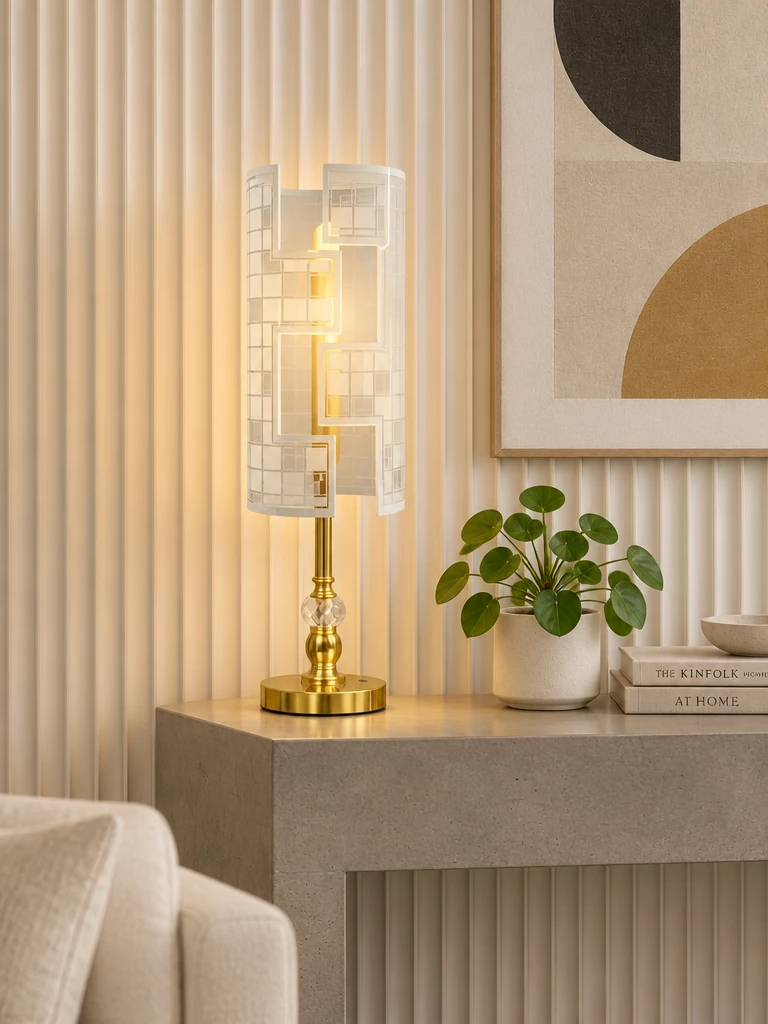 Zentrak Architectural Brass & Etched Glass Table Lamp