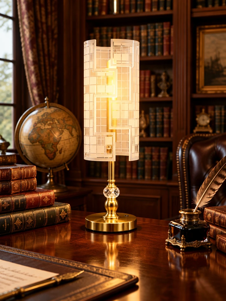 Zentrak Architectural Brass & Etched Glass Table Lamp