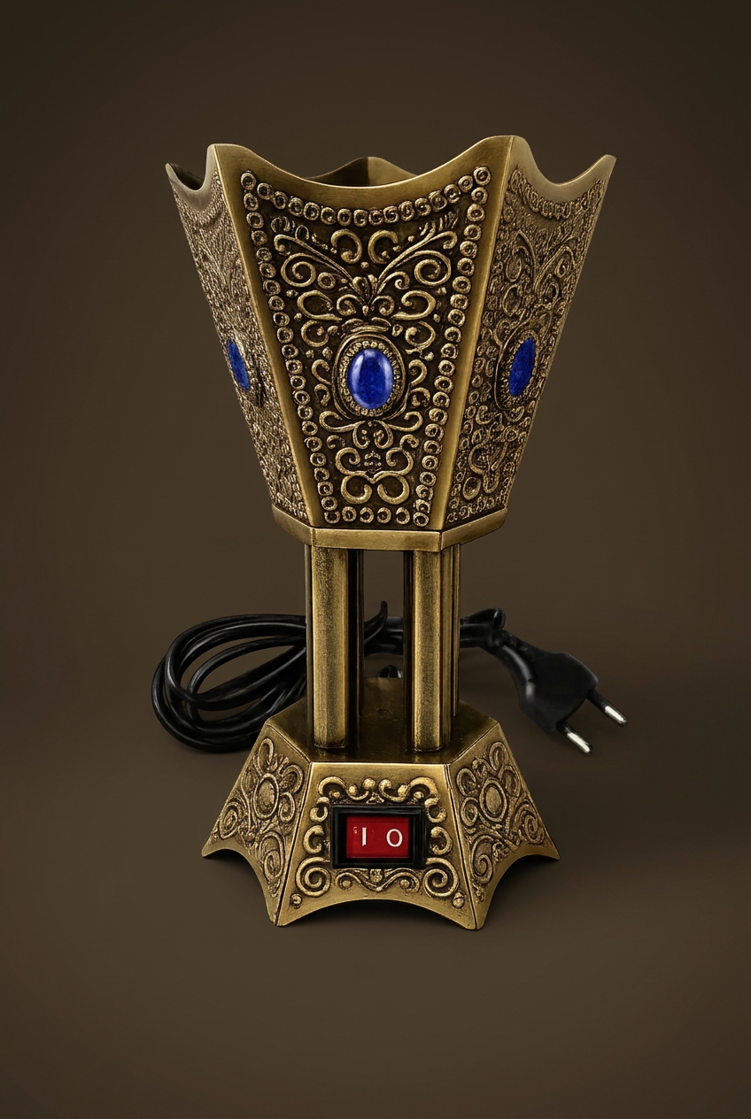Close-up of ornate gold-toned detailing and blue accent on bakhoor burner