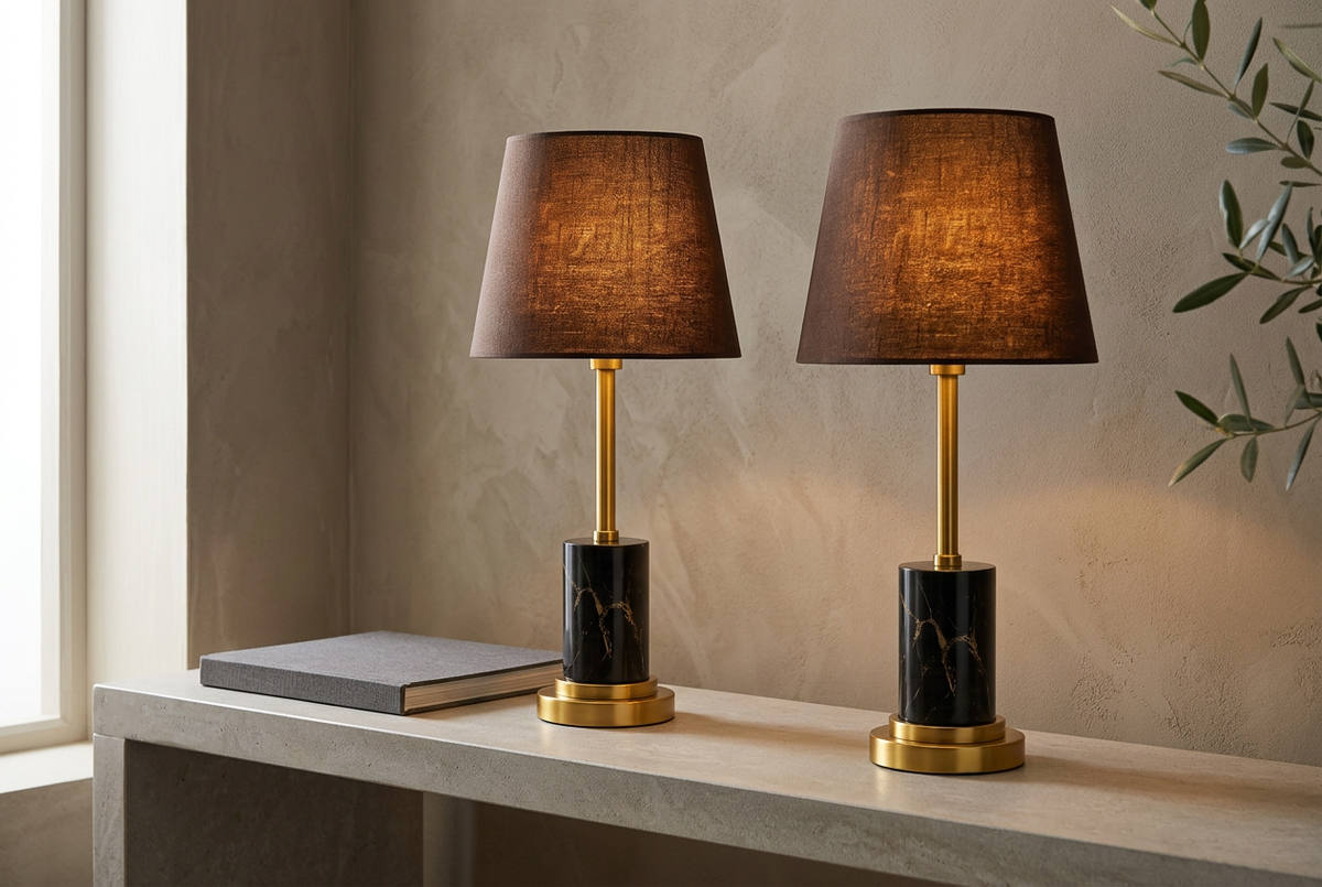 Brown & Gold Marble-Look Table Lamps — Pair of 2