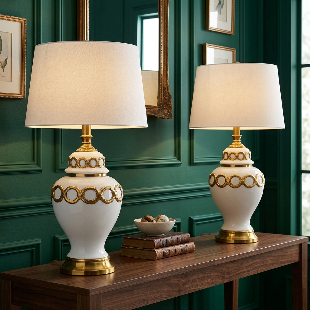 Ivory and gold table lamp pair against an emerald green wall