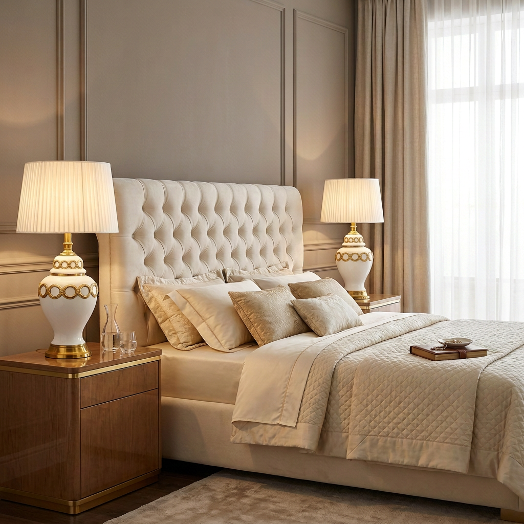 Ivory and gold bedside lamp pair in a bedroom
