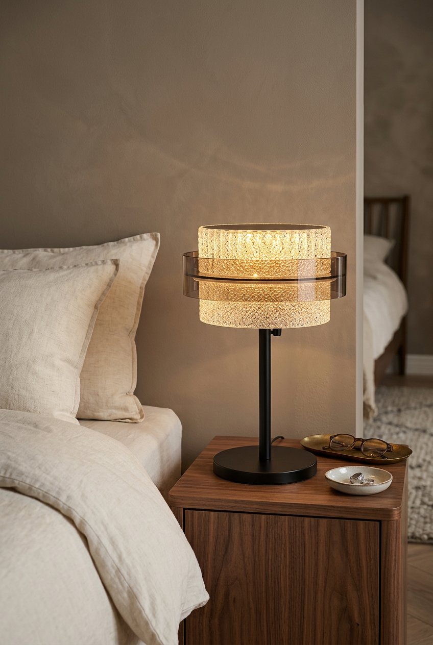 Black and gold acrylic table lamp styled on a bedside table
