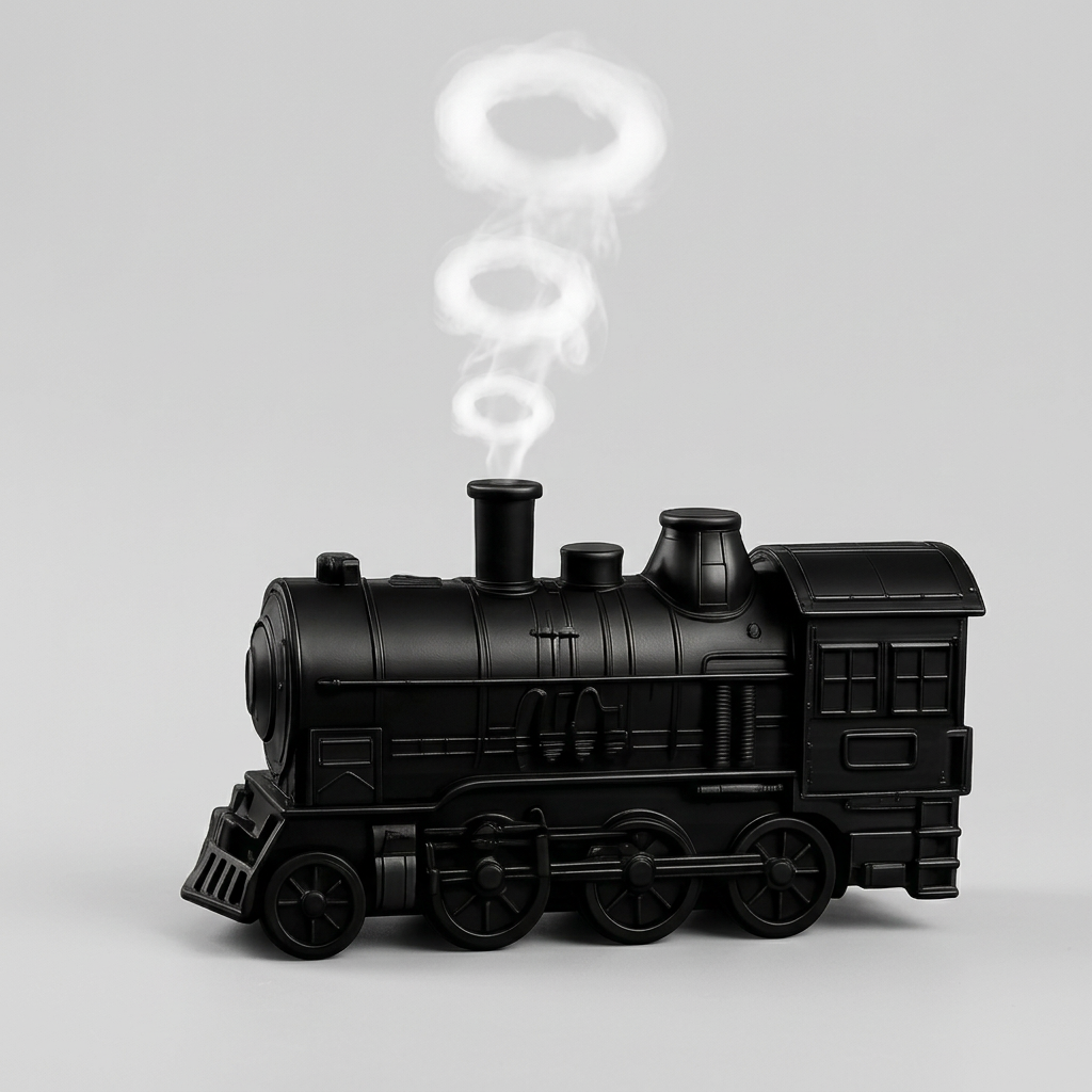 Black train humidifier releasing mist rings on a light studio background