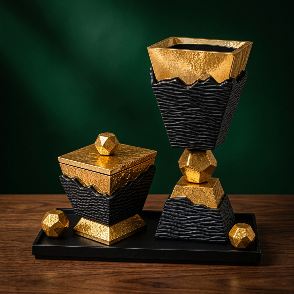 Black and gold Bakhoor Burner Set against an emerald background
