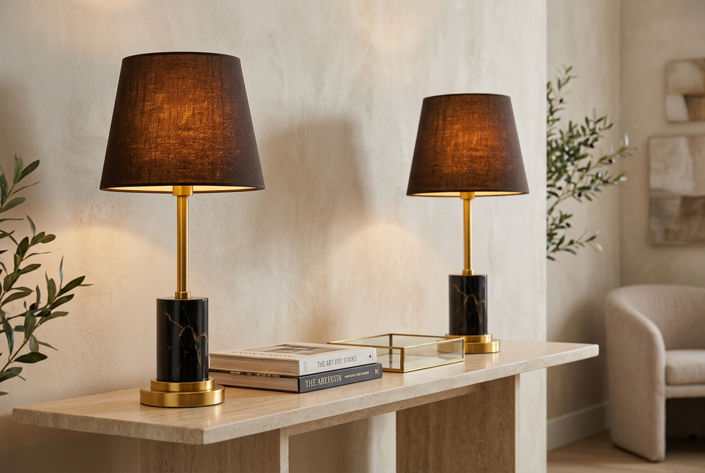 Zentrak Brown & Gold Table Lamp Pair with Marble-Look Base (Pair of 2)