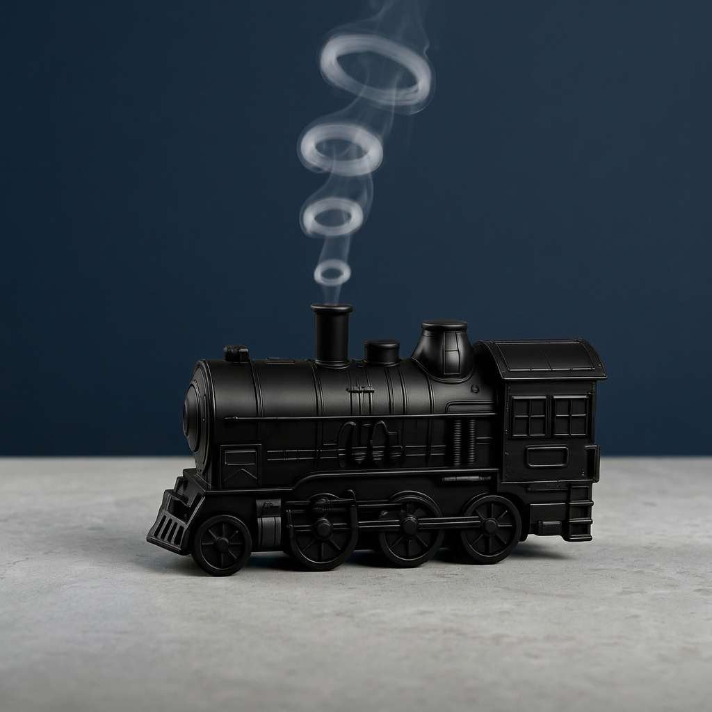 Black train humidifier releasing mist rings against a navy background
