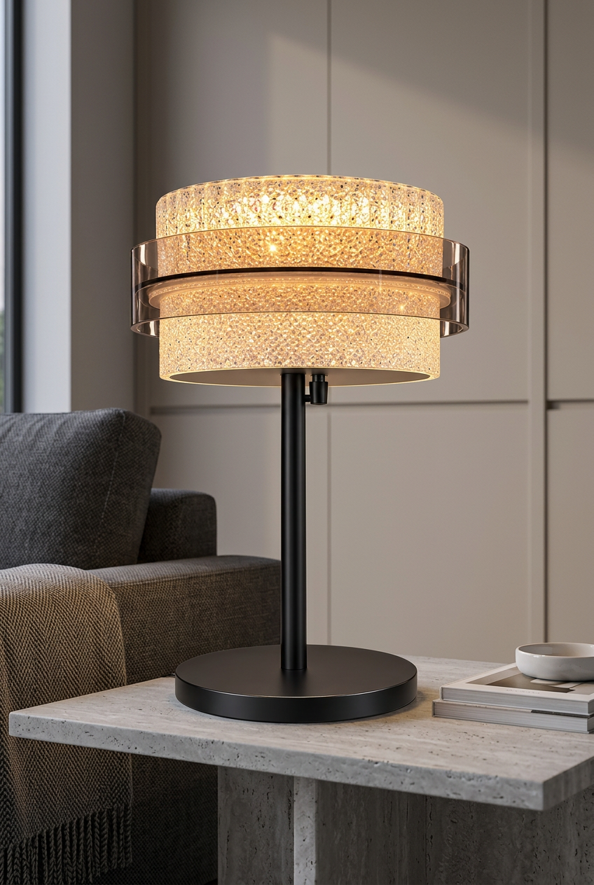 Black and gold acrylic table lamp in a living room setting
