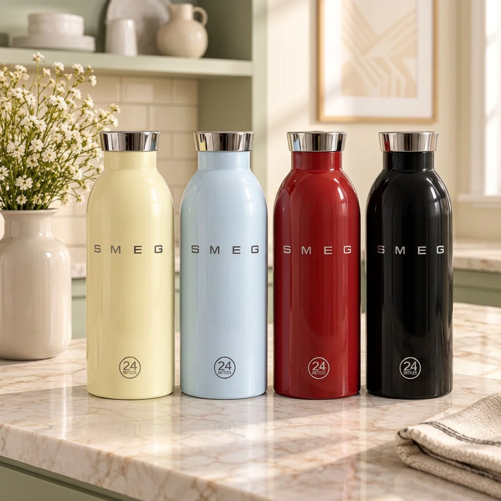 SMEG x 24Bottles bottles in a retro-inspired kitchen setting