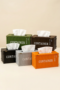 Container style tissue box holders in Black, Gray, Green, Orange and Brown