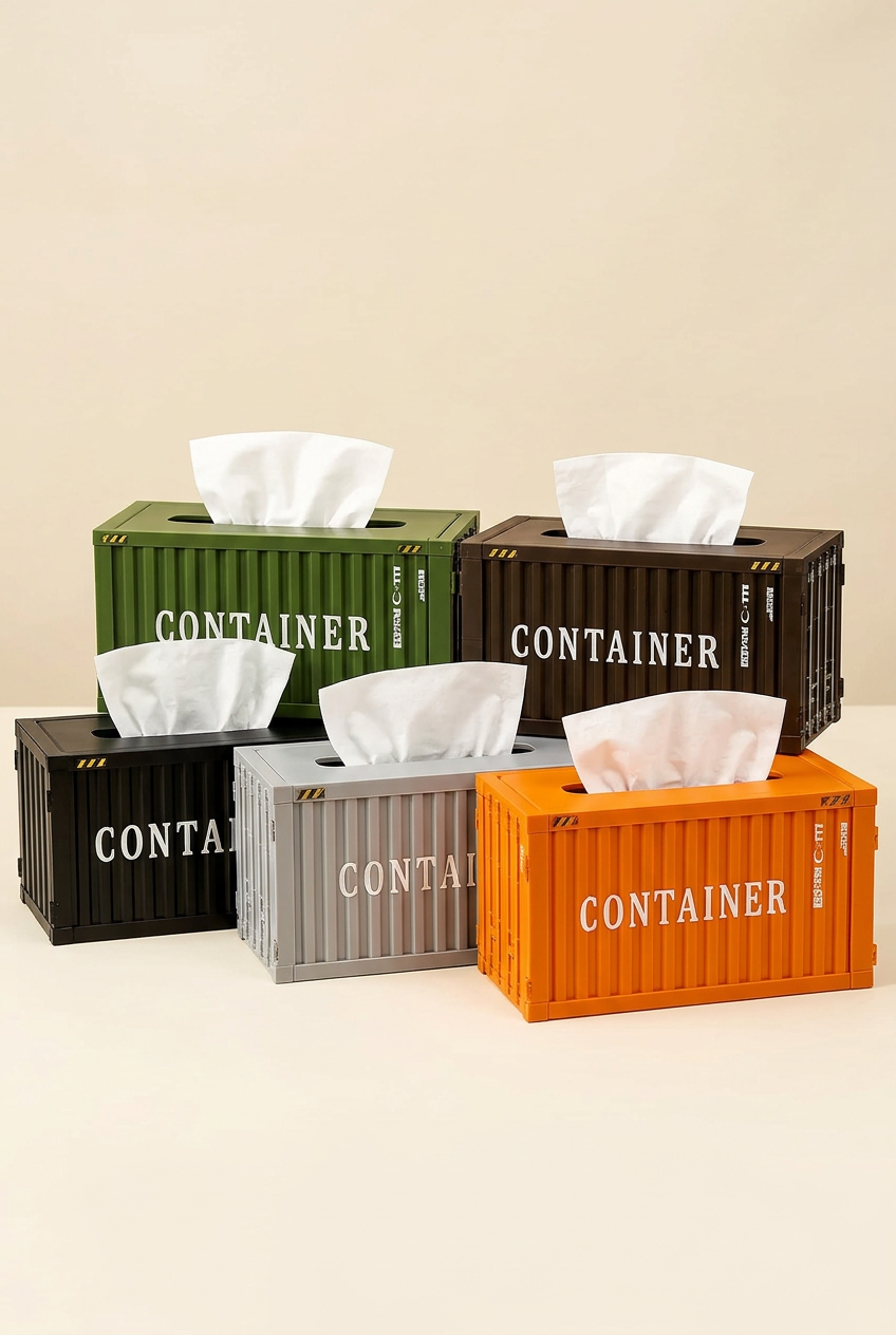Container style tissue box holders in Black, Gray, Green, Orange and Brown
