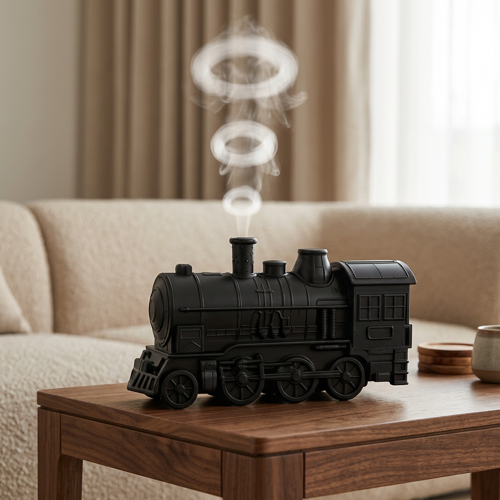 Black train humidifier with mist rings in a living-room setting