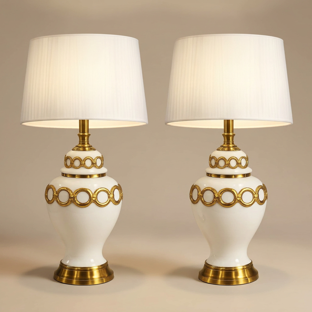 Ivory and gold table lamp pair on a beige studio background