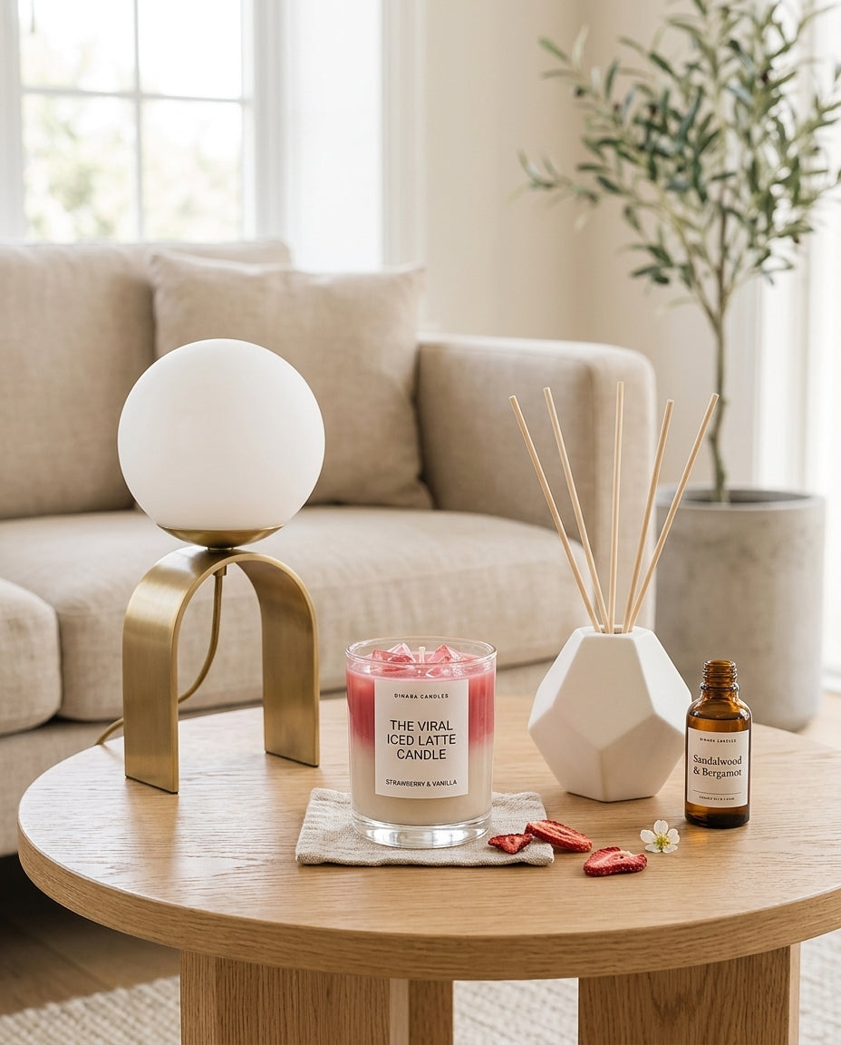 A lamp, a candle and a reed diffuser on a side table